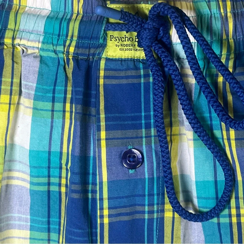 Psycho Bunny Plaid Shorts with Embroidered Bunny Logo Yellow/Blue Size‎ Small